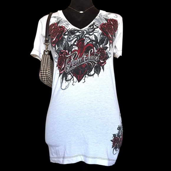 NWOT Rebel Saints Women's Small White Floral Cross With Angel Wings Tee - Picture 5 of 11